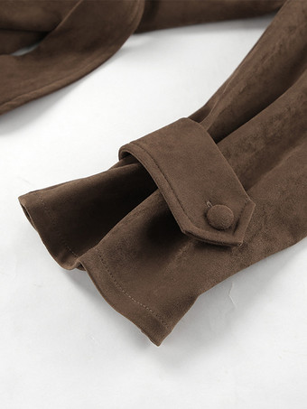 ブラウン スエード レディース クロップド ブレザー - レトロ ラペル ベルト付きウエスト レギュラーフィット ジャケット - ヴィンテージ スプリング デイリー アウトフィット 2026