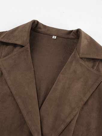 ブラウン スエード レディース クロップド ブレザー - レトロ ラペル ベルト付きウエスト レギュラーフィット ジャケット - ヴィンテージ スプリング デイリー アウトフィット 2026