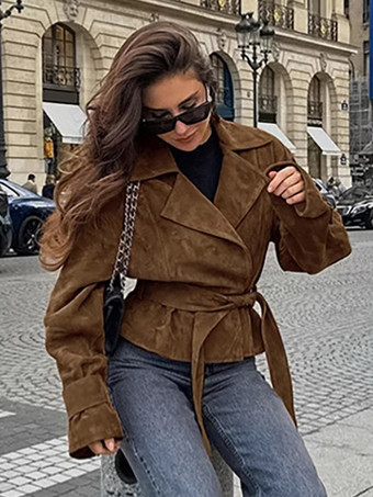 ブラウンブラウン スエード レディース クロップド ブレザー - レトロ ラペル ベルト付きウエスト レギュラーフィット ジャケット - ヴィンテージ スプリング デイリー アウトフィット 2026