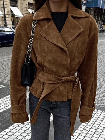 ブラウン スエード レディース クロップド ブレザー - レトロ ラペル ベルト付きウエスト レギュラーフィット ジャケット - ヴィンテージ スプリング デイリー アウトフィット 2026