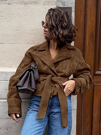 ブラウン スエード レディース クロップド ブレザー - レトロ ラペル ベルト付きウエスト レギュラーフィット ジャケット - ヴィンテージ スプリング デイリー アウトフィット 2026