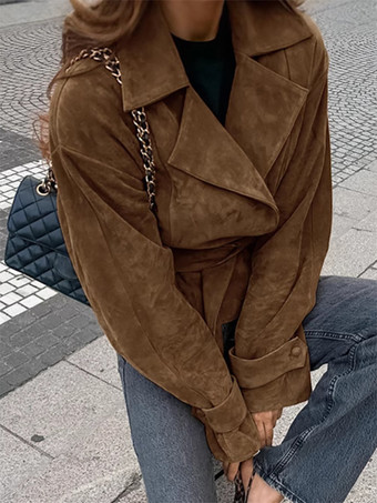 ブラウン スエード レディース クロップド ブレザー - レトロ ラペル ベルト付きウエスト レギュラーフィット ジャケット - ヴィンテージ スプリング デイリー アウトフィット 2026