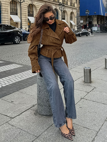 ブラウン スエード レディース クロップド ブレザー - レトロ ラペル ベルト付きウエスト レギュラーフィット ジャケット - ヴィンテージ スプリング デイリー アウトフィット 2026