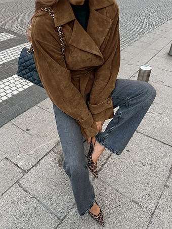 ブラウン スエード レディース クロップド ブレザー - レトロ ラペル ベルト付きウエスト レギュラーフィット ジャケット - ヴィンテージ スプリング デイリー アウトフィット 2026