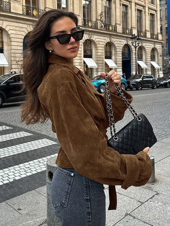 ブラウン スエード レディース クロップド ブレザー - レトロ ラペル ベルト付きウエスト レギュラーフィット ジャケット - ヴィンテージ スプリング デイリー アウトフィット 2026