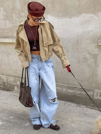 クロップド丈カーキレディーストレンチジャケット - ランタンスリーブラペルショートウィンドブレーカー - カジュアルストリートウェア春のアウターウェア2026