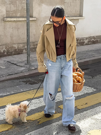 クロップド丈カーキレディーストレンチジャケット - ランタンスリーブラペルショートウィンドブレーカー - カジュアルストリートウェア春のアウターウェア2026