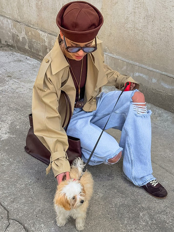 クロップド丈カーキレディーストレンチジャケット - ランタンスリーブラペルショートウィンドブレーカー - カジュアルストリートウェア春のアウターウェア2026