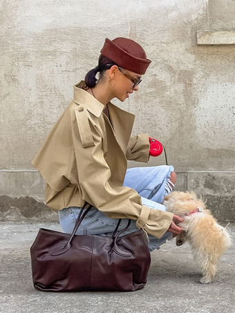 クロップド丈カーキレディーストレンチジャケット - ランタンスリーブラペルショートウィンドブレーカー - カジュアルストリートウェア春のアウターウェア2026