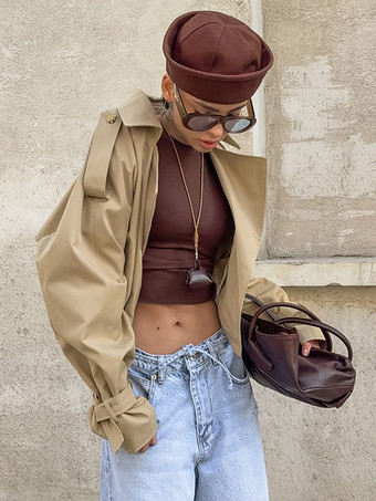 クロップド丈カーキレディーストレンチジャケット - ランタンスリーブラペルショートウィンドブレーカー - カジュアルストリートウェア春のアウターウェア2026