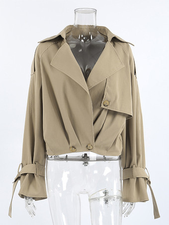 クロップド丈カーキレディーストレンチジャケット - ランタンスリーブラペルショートウィンドブレーカー - カジュアルストリートウェア春のアウターウェア2026