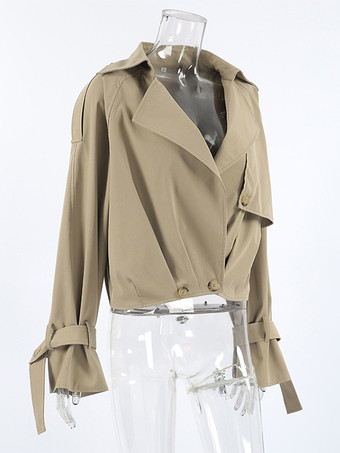 クロップド丈カーキレディーストレンチジャケット - ランタンスリーブラペルショートウィンドブレーカー - カジュアルストリートウェア春のアウターウェア2026