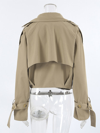 クロップド丈カーキレディーストレンチジャケット - ランタンスリーブラペルショートウィンドブレーカー - カジュアルストリートウェア春のアウターウェア2026