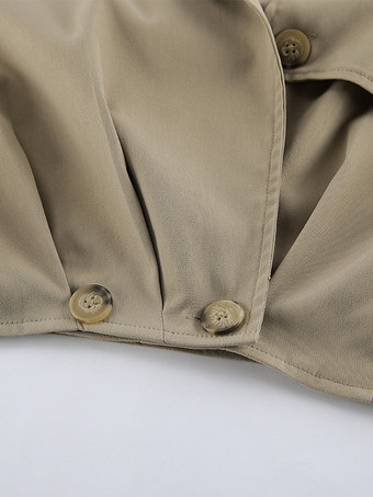 クロップド丈カーキレディーストレンチジャケット - ランタンスリーブラペルショートウィンドブレーカー - カジュアルストリートウェア春のアウターウェア2026