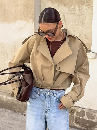 クロップド丈カーキレディーストレンチジャケット - ランタンスリーブラペルショートウィンドブレーカー - カジュアルストリートウェア春のアウターウェア2026