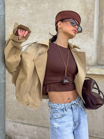 クロップド丈カーキレディーストレンチジャケット - ランタンスリーブラペルショートウィンドブレーカー - カジュアルストリートウェア春のアウターウェア2026