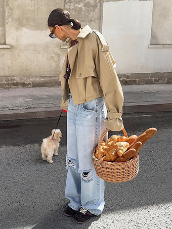 クロップド丈カーキレディーストレンチジャケット - ランタンスリーブラペルショートウィンドブレーカー - カジュアルストリートウェア春のアウターウェア2026