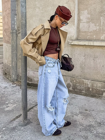 クロップド丈カーキレディーストレンチジャケット - ランタンスリーブラペルショートウィンドブレーカー - カジュアルストリートウェア春のアウターウェア2026