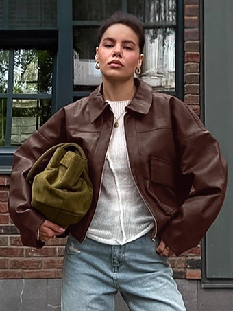 ブラウンフェイクレザー レディース バイカージャケット - レトロなオーバーサイズ ラペルカラー モトコート - ヴィンテージ ジップアップ ストリートウェア 春のコーディネート 2026