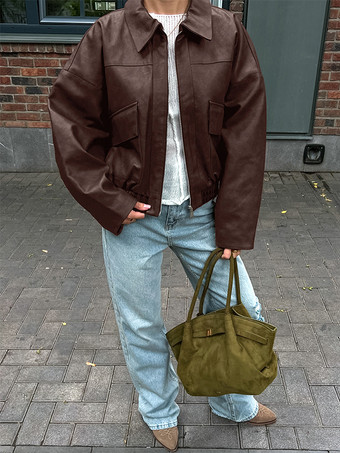 フェイクレザー レディース バイカージャケット - レトロなオーバーサイズ ラペルカラー モトコート - ヴィンテージ ジップアップ ストリートウェア 春のコーディネート 2026