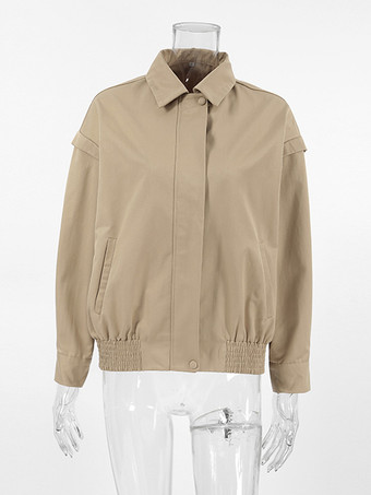 カーキ色の軽量レディースボンバージャケット - ミニマルな襟付きジップアップアウター - 静かなラグジュアリーな春のカジュアルストリートウェア 2026