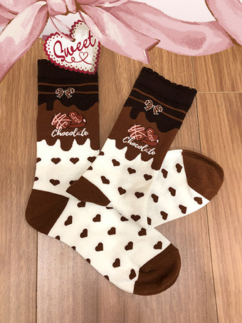 Chaussettes chocolat fraise collants Sweet Lolita nœuds volants chaussettes mi-mollet accessoires Lolita / Date limite de précommande : 30/03