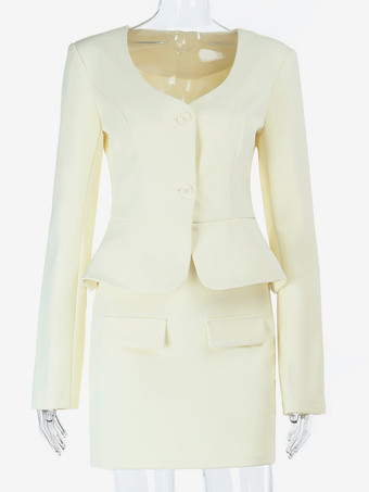 エレガントなレディーススカートスーツセット - ペプラムブレザーとミニスカートのツーピース - オールドマネースタイル 春のビジネスウェア 2026