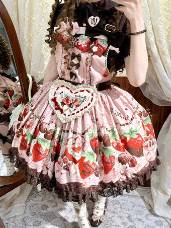 Robe Lolita à bretelles imprimé fruits fraise et chocolat sans manches avec nœuds.