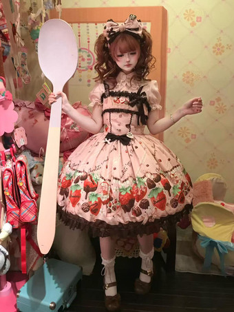 Robe Lolita Jsk sans manches à imprimé fruits et nœuds style fraise et chocolat.