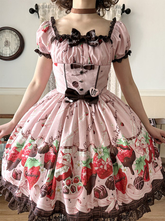 Robe Lolita à imprimé fraise et chocolat manches courtes nœuds bretelles croisées style adorable