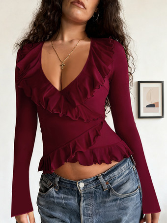 ロマンチックなフリル付きレディースラップトップ - Vネック長袖 - コケットな雰囲気の春のデートナイトウェア 2026