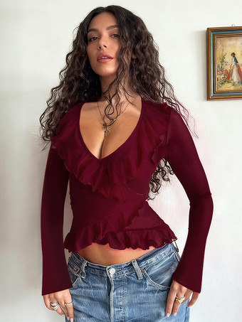 ワインレッド ロマンチックなフリル付きレディースラップトップ - Vネック長袖 - コケットな雰囲気の春のデートナイトウェア 2026