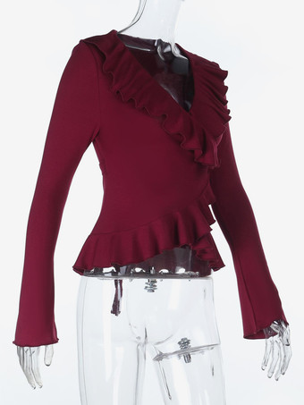 ロマンチックなフリル付きレディースラップトップ - Vネック長袖 - コケットな雰囲気の春のデートナイトウェア 2026