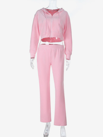 ピンクのレディース2ピーストラックスーツ - トレンディなジップアップクロップドパーカーとストレートパンツ - Y2Kベロアスタイル春のラウンジウェア2026