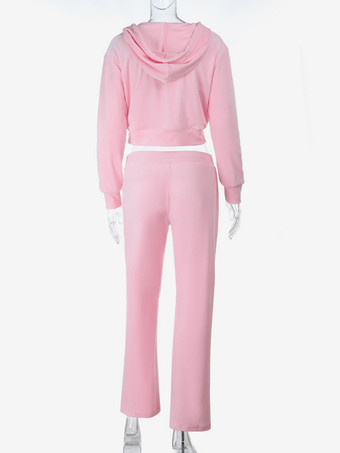 ピンクのレディース2ピーストラックスーツ - トレンディなジップアップクロップドパーカーとストレートパンツ - Y2Kベロアスタイル春のラウンジウェア2026