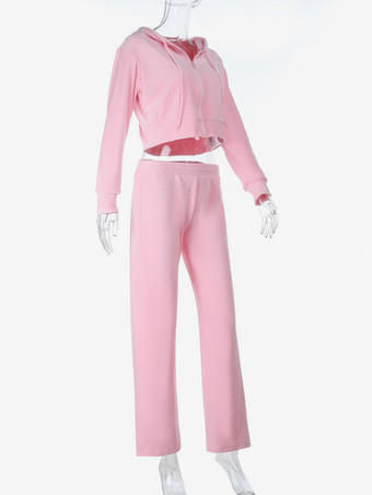 ピンクのレディース2ピーストラックスーツ - トレンディなジップアップクロップドパーカーとストレートパンツ - Y2Kベロアスタイル春のラウンジウェア2026