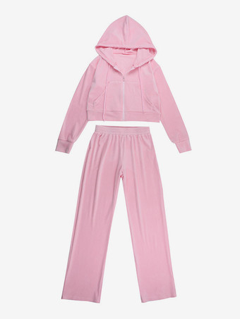 ピンクのレディース2ピーストラックスーツ - トレンディなジップアップクロップドパーカーとストレートパンツ - Y2Kベロアスタイル春のラウンジウェア2026