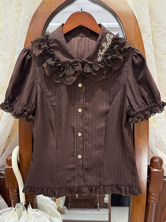 Chemisier Lolita Fraise Chocolat à volants en dentelle marron manches courtes bouffantes