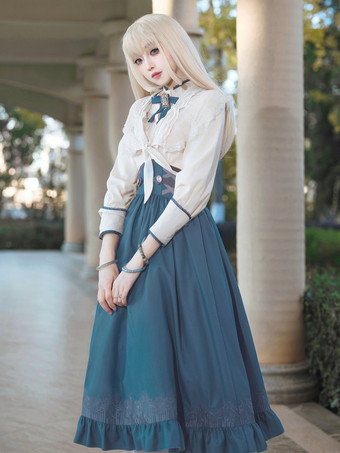 クラシックロリータドレス ダークネイビー OP ポリエステル レースアップ 長袖 ロリータドレスセット