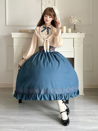 クラシックロリータドレス ダークネイビー OP ポリエステル レースアップ 長袖 ロリータドレスセット