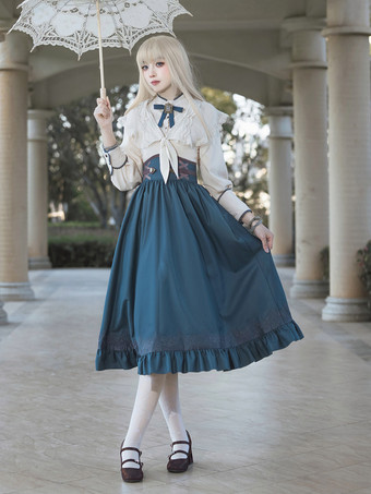クラシックロリータドレス ダークネイビー OP ポリエステル レースアップ 長袖 ロリータドレスセット