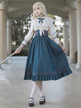 クラシックロリータドレス ダークネイビー OP ポリエステル レースアップ 長袖 ロリータドレスセット