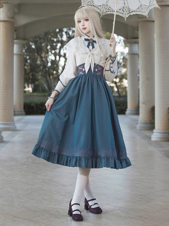 クラシックロリータドレス ダークネイビー OP ポリエステル レースアップ 長袖 ロリータドレスセット
