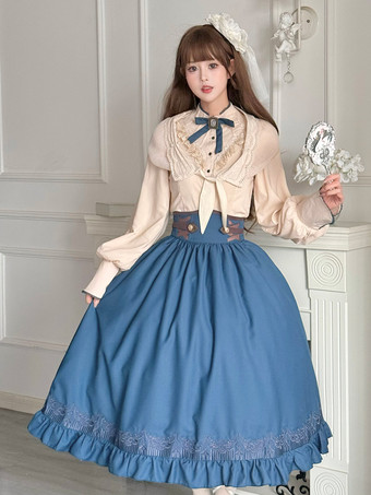 クラシックロリータドレス ダークネイビー OP ポリエステル レースアップ 長袖 ロリータドレスセット