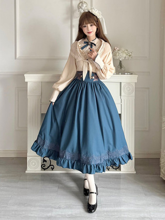 クラシックロリータドレス ダークネイビー OP ポリエステル レースアップ 長袖 ロリータドレスセット