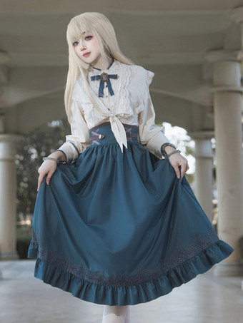 クラシックロリータドレス ダークネイビー OP ポリエステル レースアップ 長袖 ロリータドレスセット