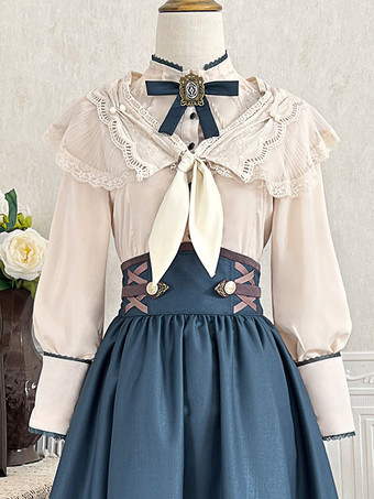 クラシックロリータドレス ダークネイビー OP ポリエステル レースアップ 長袖 ロリータドレスセット