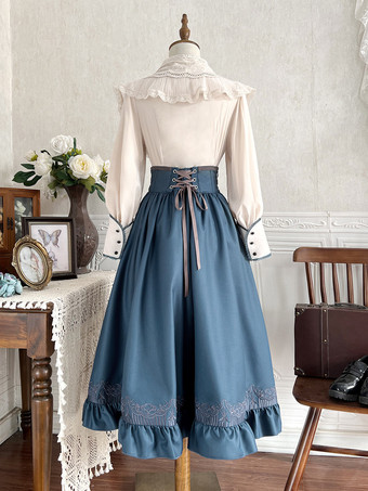 クラシックロリータドレス ダークネイビー OP ポリエステル レースアップ 長袖 ロリータドレスセット