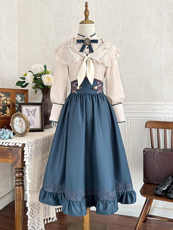 クラシックロリータドレス ダークネイビー OP ポリエステル レースアップ 長袖 ロリータドレスセット