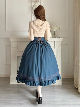 クラシックロリータドレス ダークネイビー OP ポリエステル レースアップ 長袖 ロリータドレスセット